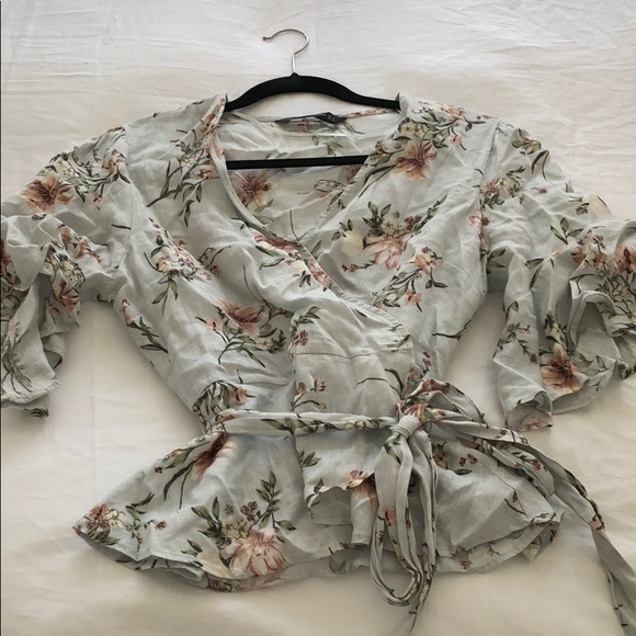 Zara Tops - Zara Linen floral wrap shirt with flutter sleeves